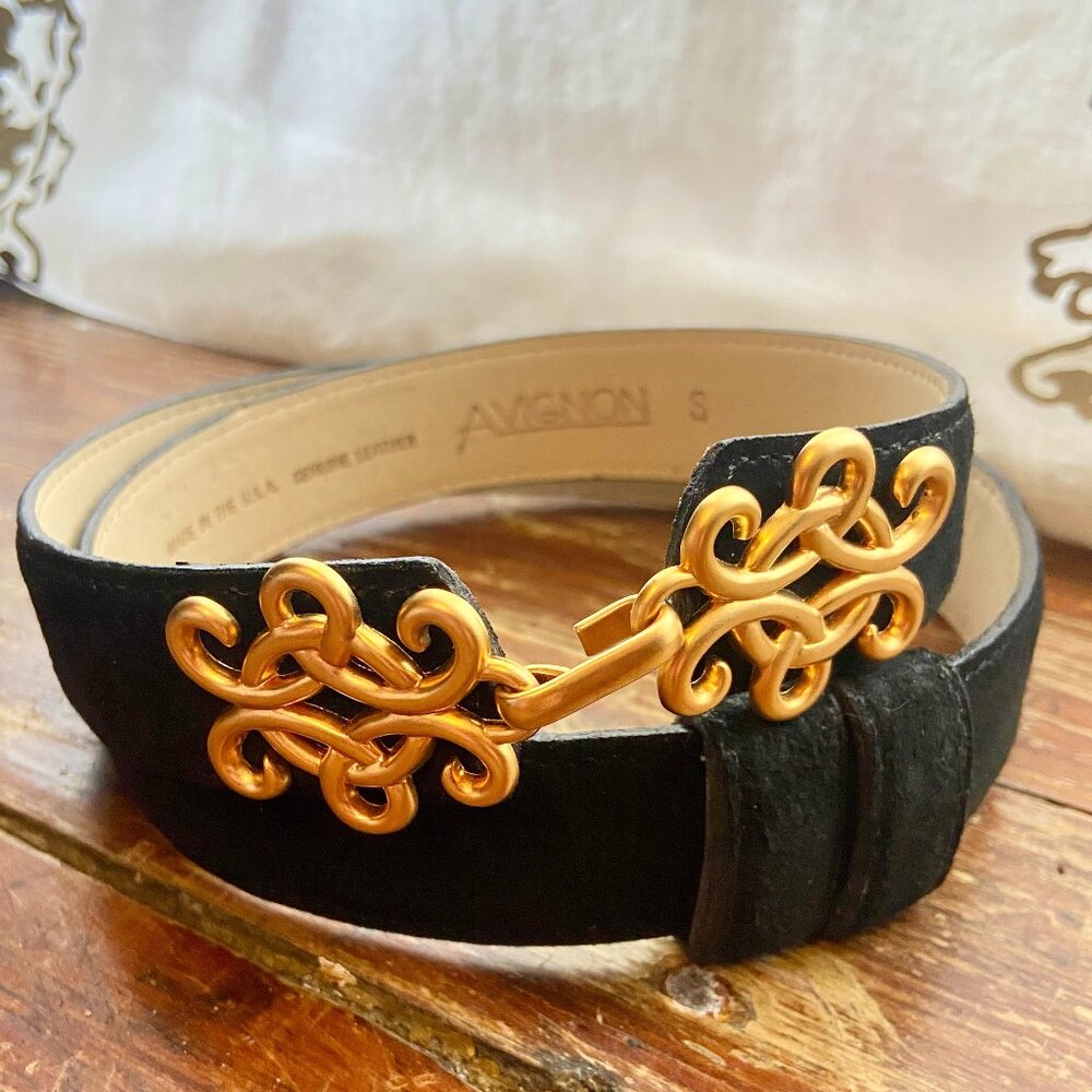 Avignon Vintage 80s Ornate Gold Scroll Buckle Black Suede Leather Belt Statement